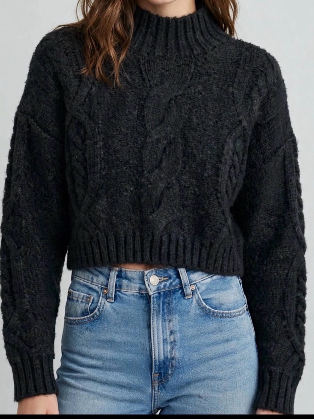 DKNY Cropped Cable Knit Mock Neck Sweater Black